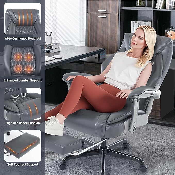 Massage Office Chair with Heat & Foot Rest, 6 Points Vibration, Ergonomic Executive Reclining Desk Chair, PU Leather Padded Seat for Home Office Comfort