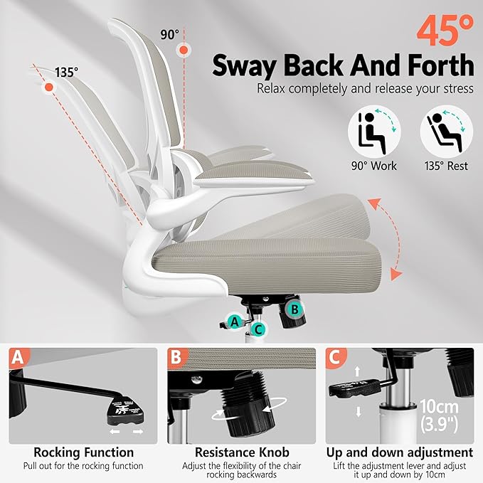 BESTFAIR Office Chair Ergonomic Desk Chair, Breathable Mesh Comfy Chair with Lumbar Support, Computer Chair, Home Desk Chair with Flip-up Armrests, Gaming Chair for Adults Home Office