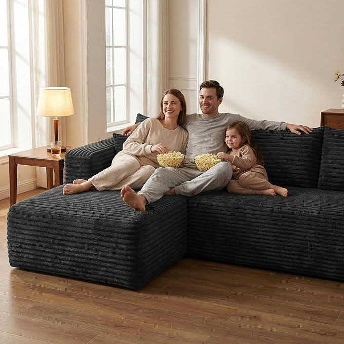 94" Black Boneless Couch with Left Facing Chaise for Living Room,Corduroy L-Shaped Sectional Couches,Compressed Memory Foam Cloud Sofa,No Assembly Required,Black