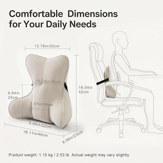 Lumbar Support Pillow for Office Chair, Back Support Cushion, Lumbar Pillow for Desk Chair, Ergonomic 3-Zone Back Cushion for Sitting Comfort, Misty White