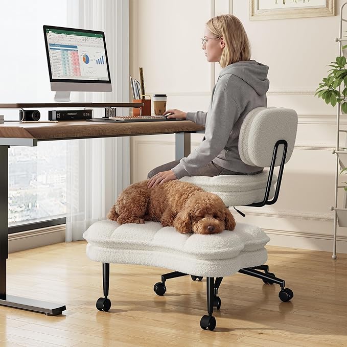 DurayLoly Ergonomic Office Chair, 360° Swivel Meditation Chair with Wheels, Height Adjustable Office Chair with Foot Rest for ADHD, Thicken Cushion & Backrest, Teddy Fabric, Off-White