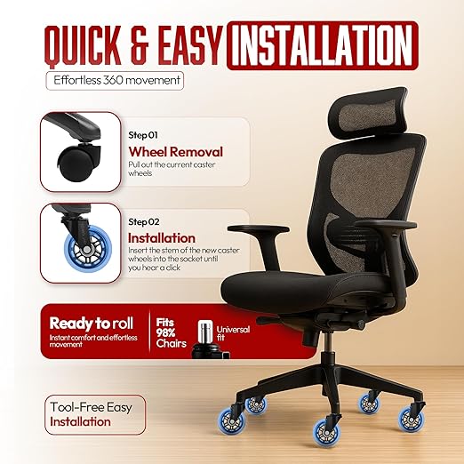 Wheels Xela Blue Office Chair Wheels, Set of 5, 3 Inch Heavy-Duty Replacement Rubber Wheels for Desk & Gaming Chair are Easy to Install & Suitable for All Floor Types