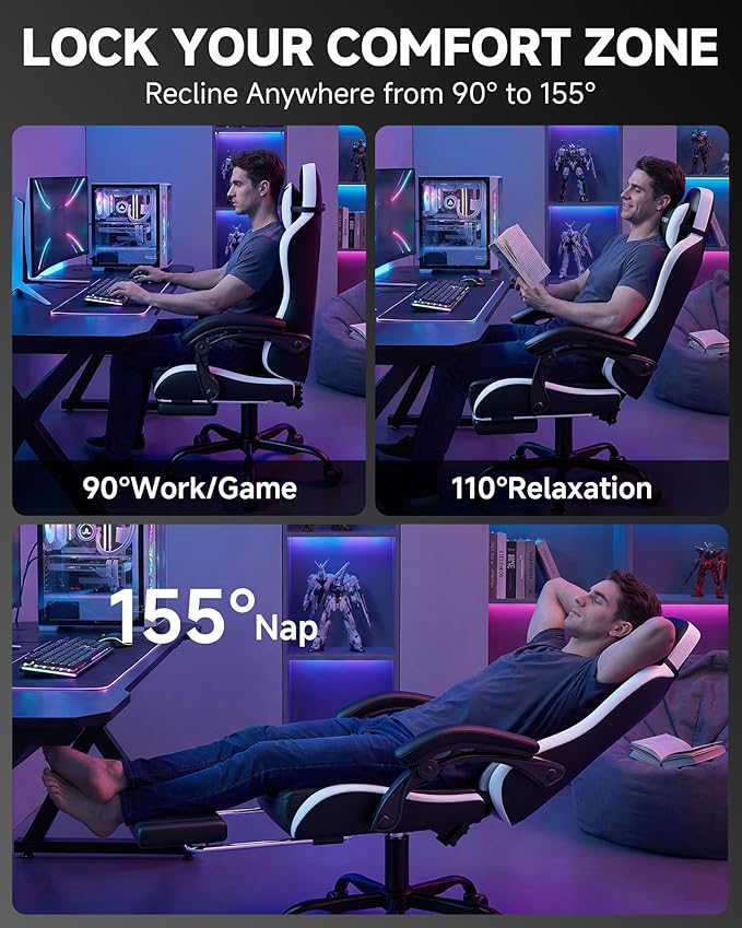 GTPLAYER Gaming Chair, Computer Gaming Chairs for Adults with Footrest, Height Adjustable PC Game Chair with 90-155° Recline & Removable Headrest Lumbar Support, Black-White