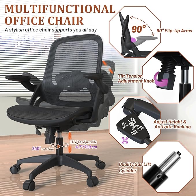 Ergonomic Full Mesh Office Home Computer Chair with Flip Up Arms Lumbar Support Height Adjustable for Adult Kids