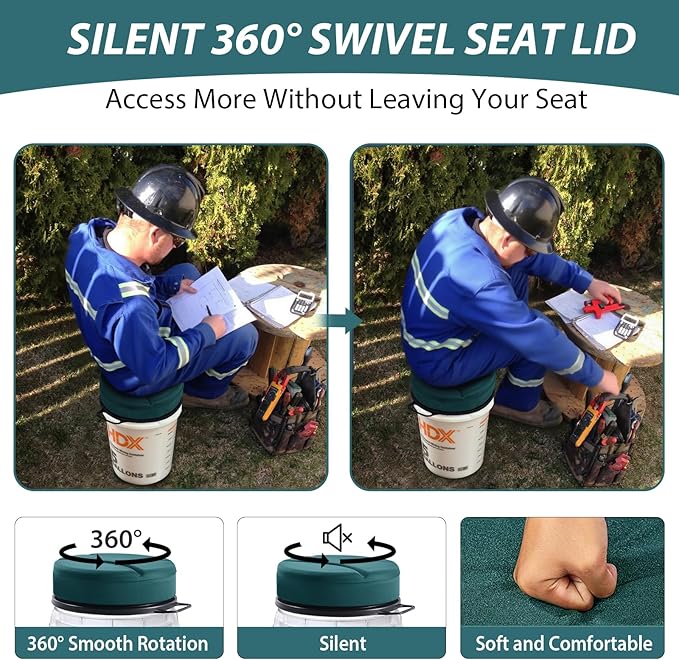 5 Gallon Bucket Seat with 3" Thick Seat Foam Cushion, 360°Swivel Bucket Lid Seat, Waterproof & Silent Bucket Seats for Dove Duck Hunting, Ice Fishing, Baseball, Camping
