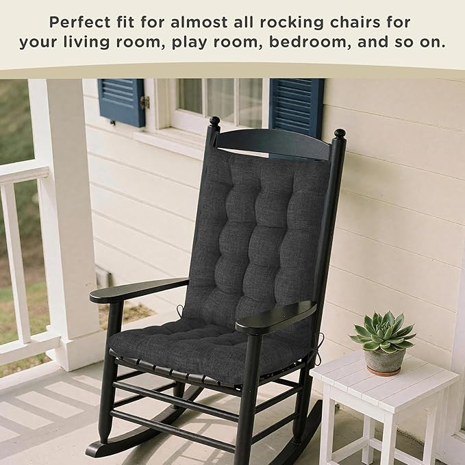 AddGrace Rocking Chair Cushions Indoor Tufted Cushions for Rocking Chairs with Ties Comfortable Textured Fabric Set of Seat & Back Cushion 21x17/17x17 Black