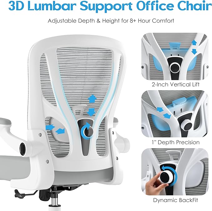 Office Chair Ergonomic Desk Chair - Mesh Computer Chair Breathable Task Chair with Wheels Adjustable Lumbar Support Home Desk Office Chairs Flip up Armrest White 2 Pack