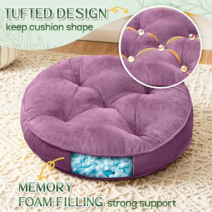1 MIDDLE ONE Floor Pillow Set of 2, Memory Foam Meditation Cushion, Floor Cushions for Adults Sitting, Large Round Seat Cushions for Yoga, Living Room, 20x20 Inch (Round | Pearly Purple)