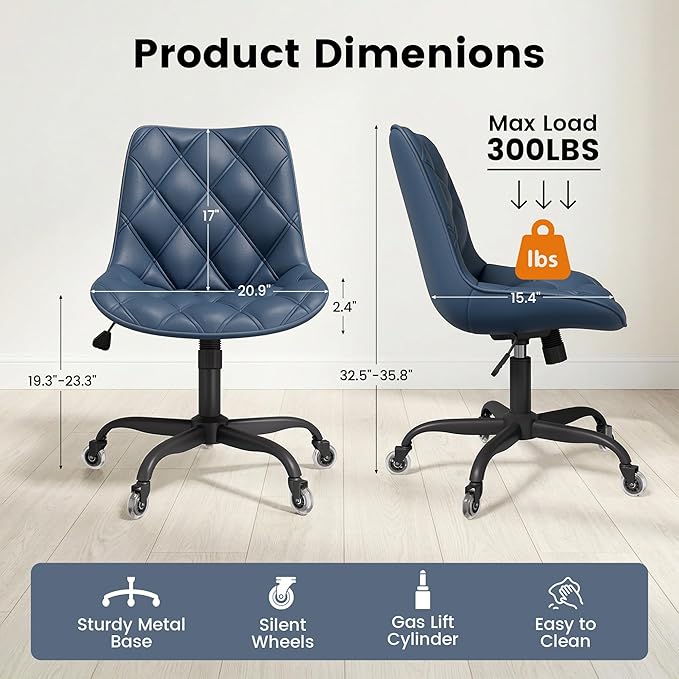 Armless Office Chair, Mid Back Modern Desk Chair with Rubber Wheels, 360 Swivel PU Leather Office Chair No Arms, Adjustable Height Small Computer Chair, Armless Desk Chair for Office, Navy Blue