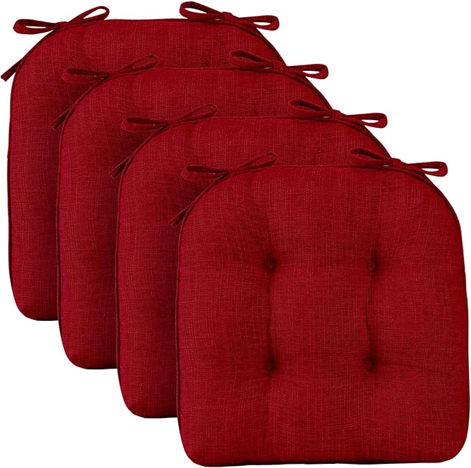 Wellsin Chair Cushions for Dining Chairs, Non-Slip Kitchen Chair Pads with Ties, Tufted Shredded Foam Kitchen Chair Cushions Set of 4, 15.5" X 15.5", Red