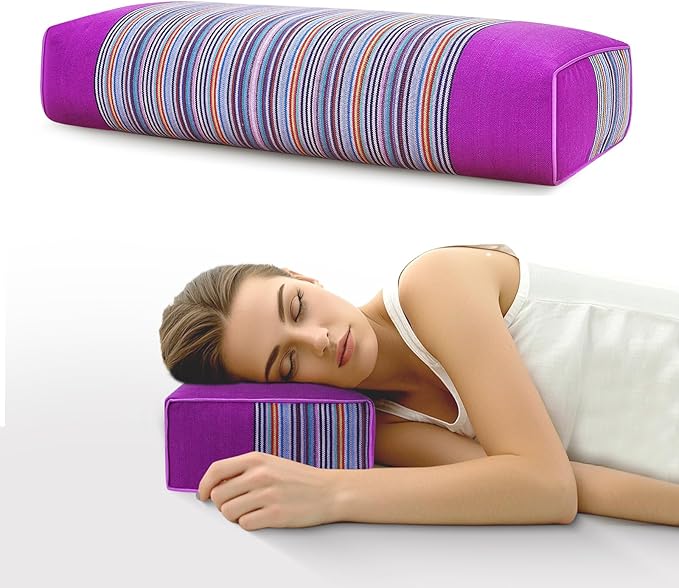 Buckwheat Pillow & Cervical Pillows for Sleeping (21x8x3inch) 100% Organic Coarse Cloth Package w Organic Buckwheat Hulls, Natural Cooling Technology and Relieve Cervical Pain. (Purple)