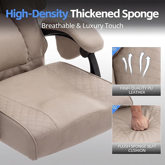Ergonomic Gaming Office Chair for Adults, Big and Tall Heavy Duty Computer Desk Chair, High Back Video Game Chair with Footrest, Comfortable Leather Home Wide Gamer Chair with Lumbar Support (Beige)