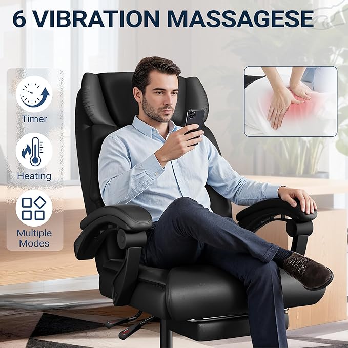 Shahoo Massage Office Chair with Heat & 6 Vibration Points, 400LBS Big and Tall Office Chair with Foot Rest, High Back Ergonomic Reclining Executive Desk Chair for Home Office Desk, PU Leather, Black