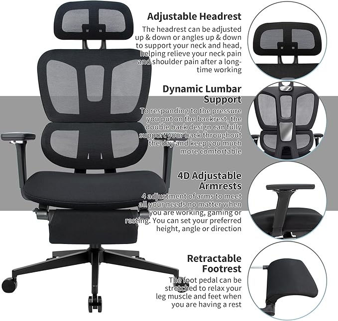 Ergonomic Office Chair with Footrest, 90-135° Reclining High Back Desk Chair with Lumbar Support, 2D Headrest, 4D Armrests, Computer Chair for Long Hours, Black