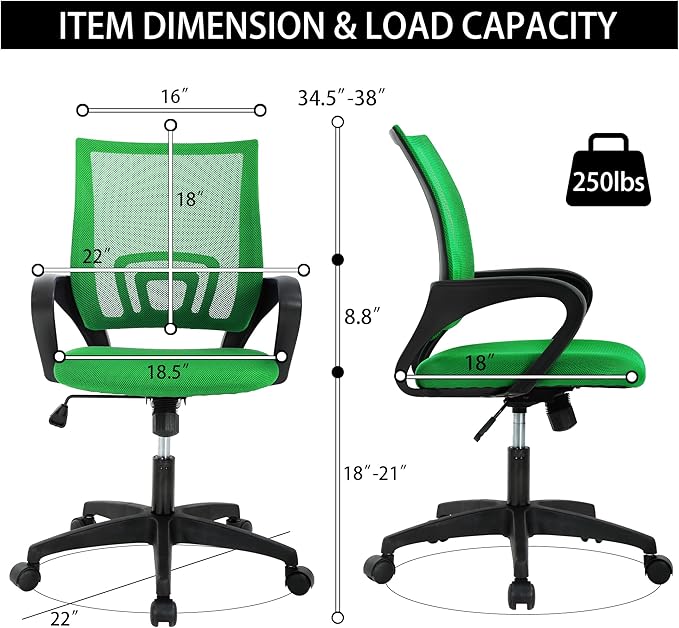 Home Office Chair Ergonomic Desk Chair Mesh Computer Chair with Lumbar Support Armrest Executive Rolling Swivel Adjustable Height Mid Back Chair for Adults, PVC Base, Green