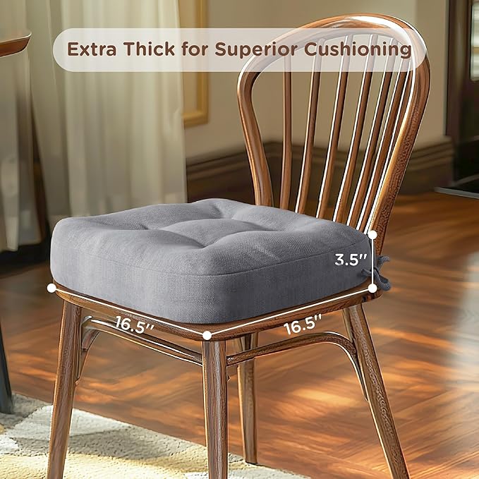 Codi 6 Pack Dining Chair Cushions, Thick Chairs Pads for Indoor Kitchen Room - Washable, Non-Slip Memory Foam Seat Cushion with Ties, 16.5"x16.5"x 3.5", Set of 6, Grey New
