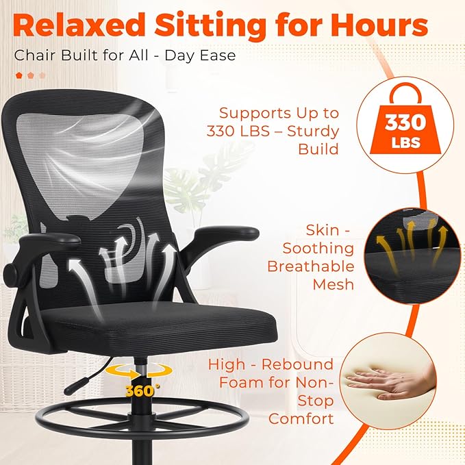 ECOTOUGE Tall Office Chair, Breathable Mesh Drafting Chair with Flip-up Armrests, Ergonomic Computer Standing Desk Chair with Adjustable Footrest Ring and Lumbar Support, Black