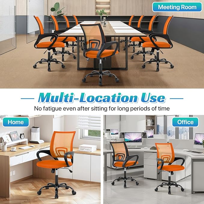 Ergonomic Office Chair Mesh Mid Back with Lumbar Support Armrest, Adjustable Home Desk Chair Comfy Computer Task Drafting Rolling Swivel Chairs for Gaming, Home Work, Study, Orange