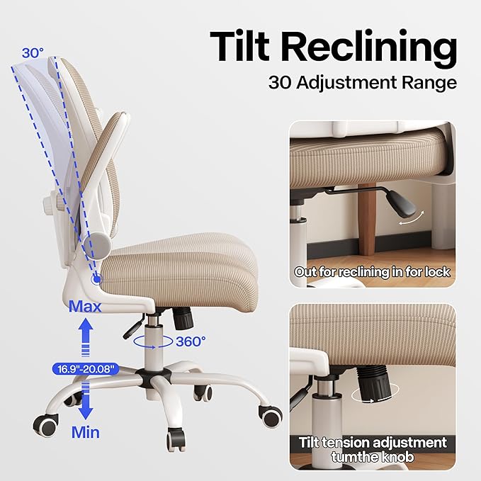 Office Chair, Ergonomic Desk Chair with Adjustable Lumbar Support Flip-up Arms,Comfortable Swivel Mesh Back Computer Chair Executive Task Chair for Home Office Use (Khaki)