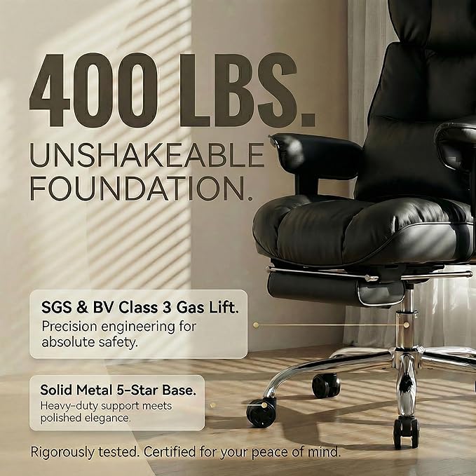 Efomao Big and Tall Office Chair 400lbs - Heavy Duty Reclining Desk Chair with Footrest, Spacious High Back PU Leather Executive Chair, Double-Layer Spring Support, Black