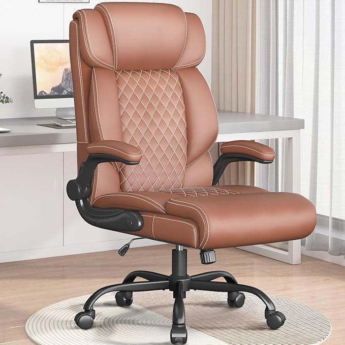 Office Chair-Executive High Back Breathable Big and Tall Office Chair Flip-up Armrests Lumbar Support-Ergonomic Leather Rolling Swivel Chair with Rock Function for Working Studying Gaming,Brown