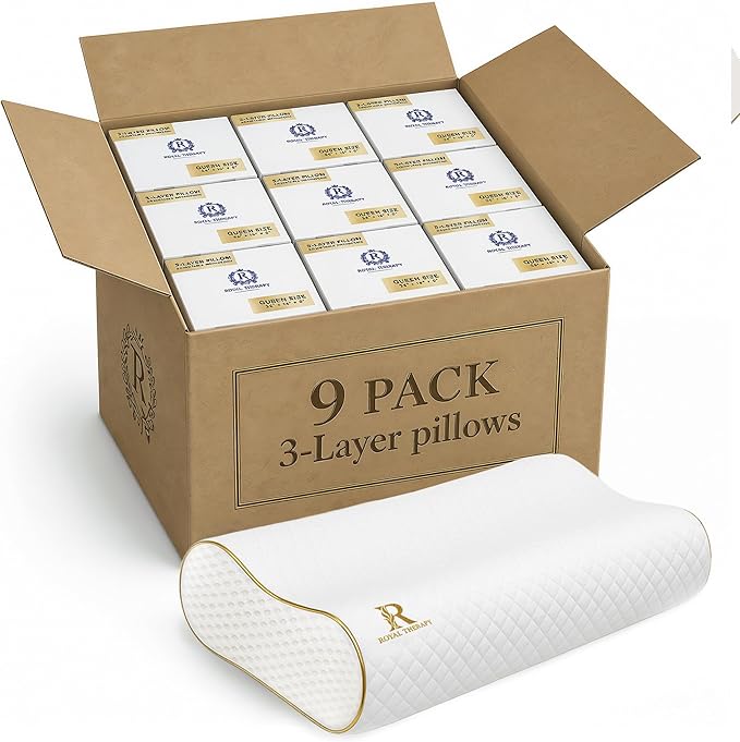 Royal Therapy 9-Pack Queen Memory Foam Pillow, Cervical, Queen Contour, Orthopedic Pillow for Neck Support, Neck Pain, Side Sleepers, CertiPUR-US