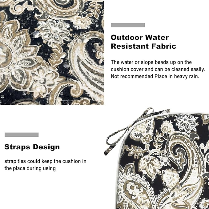 DYTXIII Set of 2 Outdoor Chair Cushions with Ties,Water Repellent Patio Chair Pads 17"x 16" for Outdoor Furniture,Round Corner Seat Cushions for Garden Yard Kitchen Paisley Black
