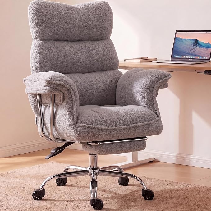 Dowinx Big and Tall Office Chair, Ergonomic Desk Chair with Thick Cushion, Wide Seat & Armrests Computer Gaming Chair,High Back Reclining Teddy Fleece Criss Cross Chair with Foot Rest, Gray