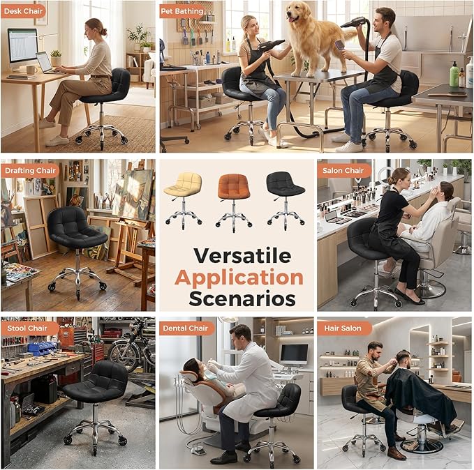 Rolling Stool Chair with Wheels, Height Adjustable Stool with Back Support, Office Drafting Chair with PU Leather Cushion for Home Office Kitchen Vanity Salon Garage Tattoo Dentist Esthetician(Black)