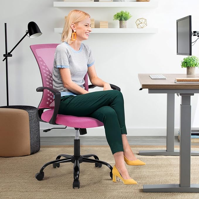 Ergonomic Office Chair - Soft Mesh Computer Chair with Lumbar Support & Adjustable Arms, Modern Mid Back Swivel Chair for Home Office, Comfortable & Stylish for Women (Pink)