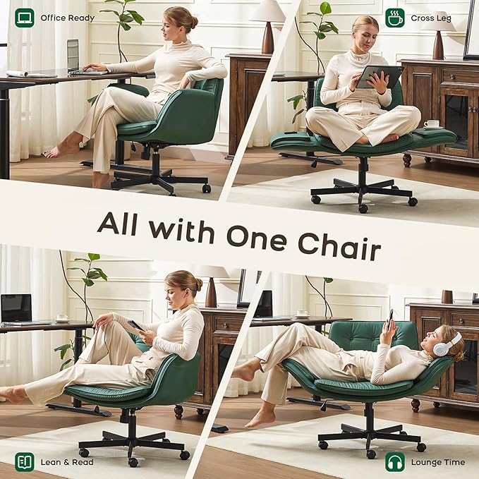amseatec Criss Cross Office Chair, PU Leather Vanity Chair with 5-Level Adjustable Armrests & Swivel, Ergonomic Criss Cross Chair for Home Office Bedroom Makeup（Green）