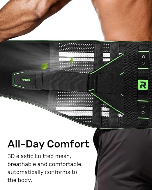 Rakiie Back Brace for Lower Back Pain Relief, 8X Powerful Lumbar Support with 3D Pad, Support Belt for Men Women, Breathable Back Support Brace with Adjustable Strap, Green Size S