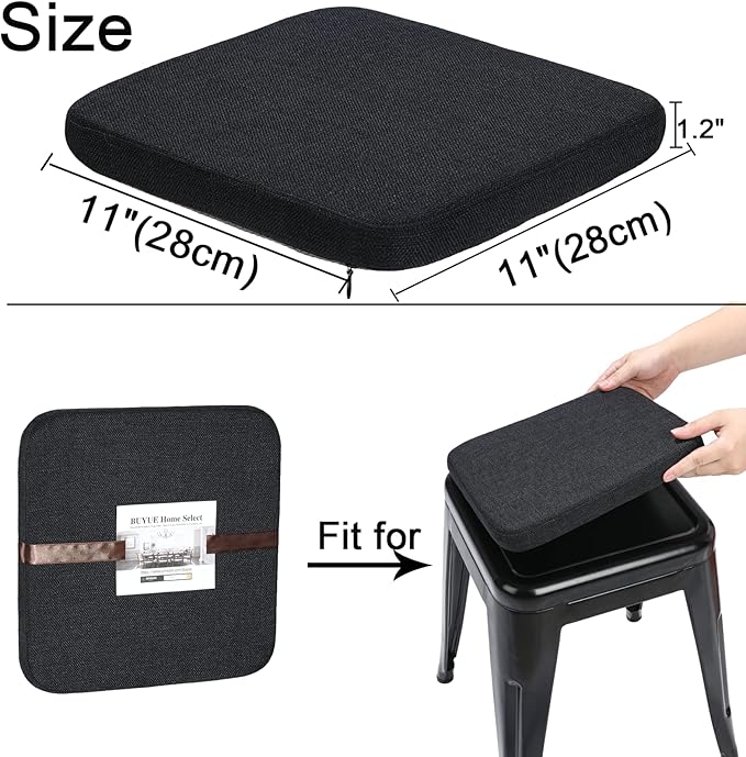 BUYUE Natural Linen Magnetic Bar Stool Cushions Set of 4, Enhanced Anti-Slip Breathable Small Chair Seat Pads for Café Bistro Stackable Metal Stools (Square, Black, 4 Counts)
