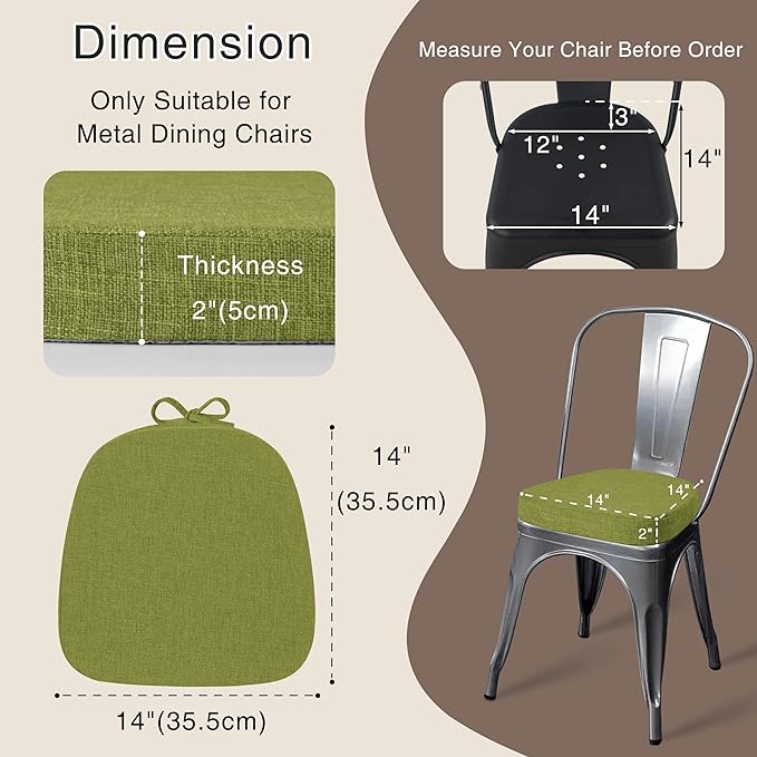 OVOV 14x14 Chair Cushions for Metal Dining Chairs Set of 1 Non Slip Thick Textured Chair Pads for Dining Chairs with Ties and Removable Cover (1, Green)