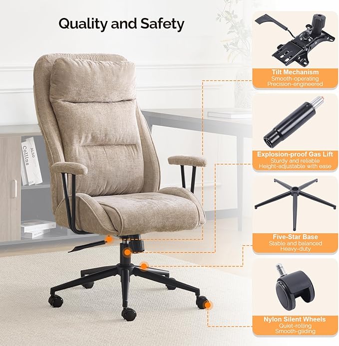 VINGLI Chenille Executive Ergonomic Fabric Office Chair with 100-130° Recline, High-Back Desk Chair with Adjustable Base & Padded Back & Wheels, Comfy Chair for Gaming,Computer,Home Office,Light Khaki