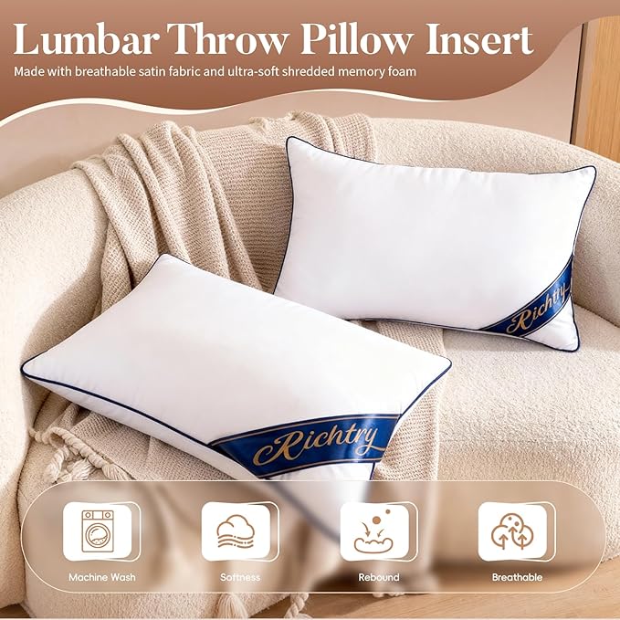 Premium Memory Foam 16 x 26 Inch Throw Pillow Insert - Decorative Lumbar Throw Pillow for Living Room, Sofa and Couch, 16 x 26 Inch, White