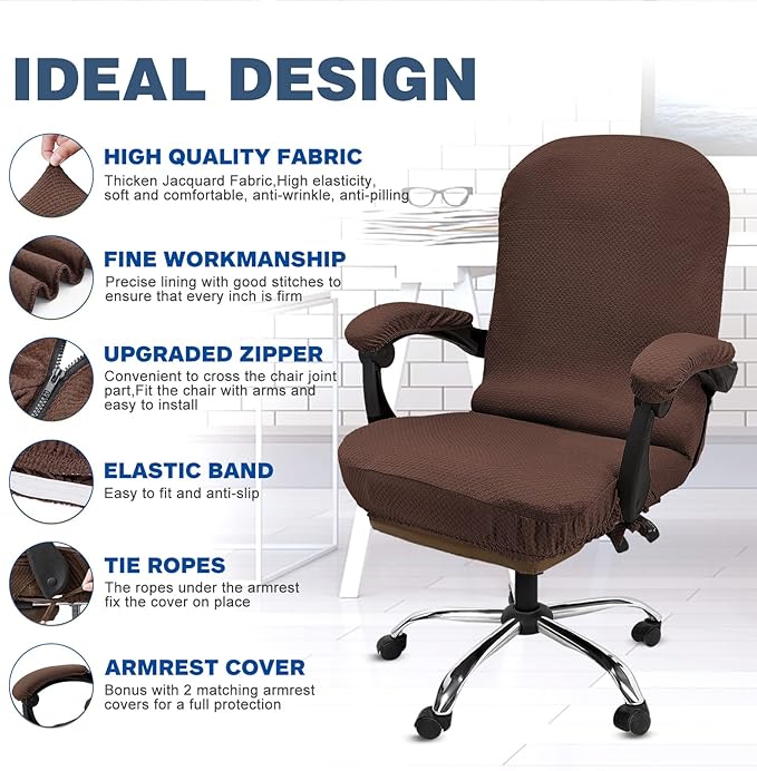 NeColorLife Stretchable Office Chair Cover with Armrest Covers – High-Back Desk Chair Slipcover, Checked Jacquard Fabric, Washable (Large Size, Coffee)