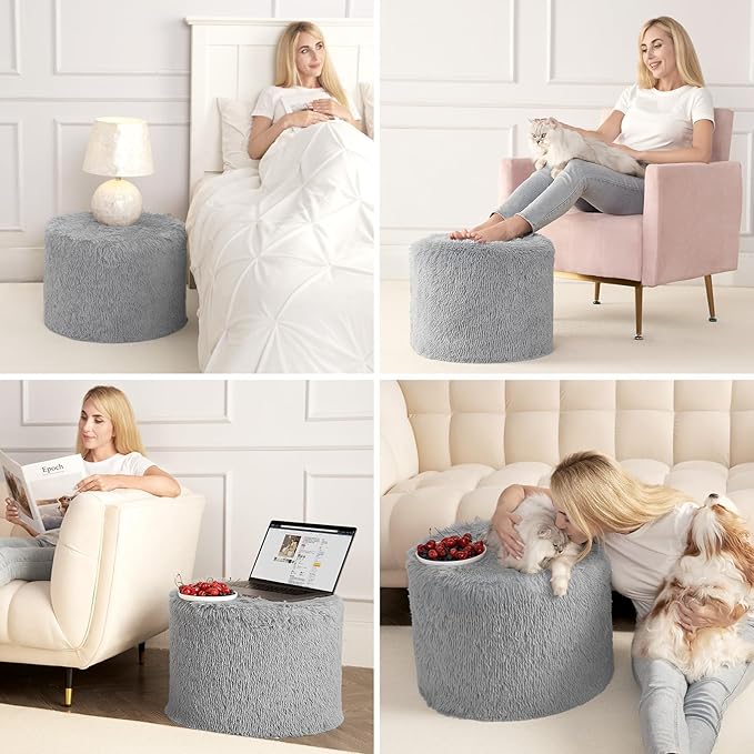 Hansleep Round Stuffed Pouf Ottoman 17 x 14, Foam Filled Faux Fur Ottoman Foot Rest for Chair with Washable Cover, Foot Stools Under Desk for Living Room & Bedroom, Grey