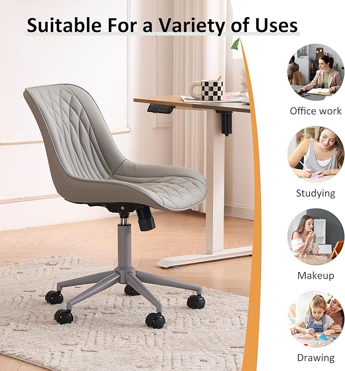 YOUNIKE Grey Faux Leather Ergonomic Office Chair Armless Comfy Desk Chair with Rocking Back Cute Swivel Vanity Chair with Wheels Height Adjustable Small Computer Task Chair for Sewing Drafting