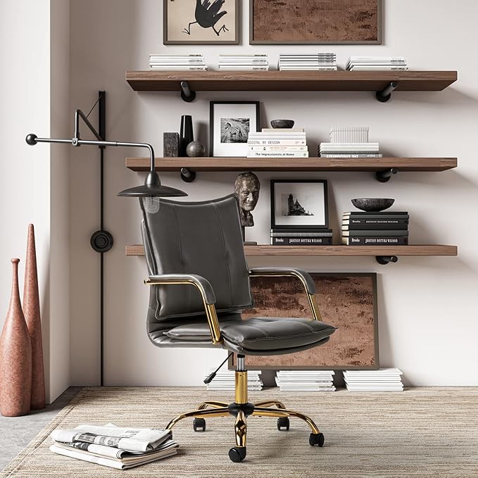 HULALA HOME Faux Leather Home Office Desk Chair, Adjustable Swivel Computer Chair with Golden Legs and Arms, Comfy Upholstered Task Chair, Grey