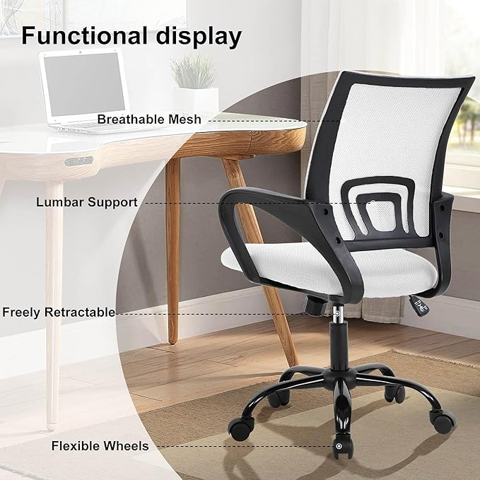 Computer Desk Chair,Work Chairs for Home Office,Ergonomic Office Chair with Lumbar Support,Mesh Office Chair with Arm and Wide Comfortable Seat,Adjustable Rolling Office Chair,White