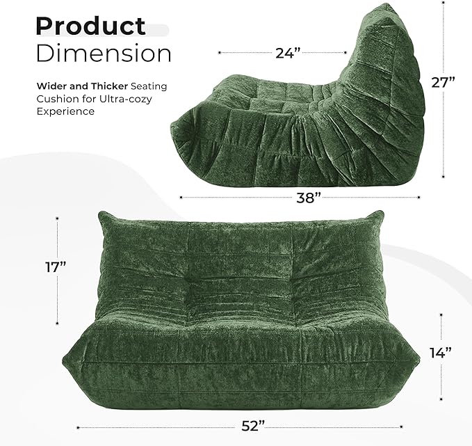 HABUTWAY Bean Bag Chair, Giant Bean Bag Chairs for Adults, Loveseat Fireside Chair, 2 Seater Lazy Bean Bag Sofa Memory Foam Couch for Living Room, Bedroom, Office (Green)