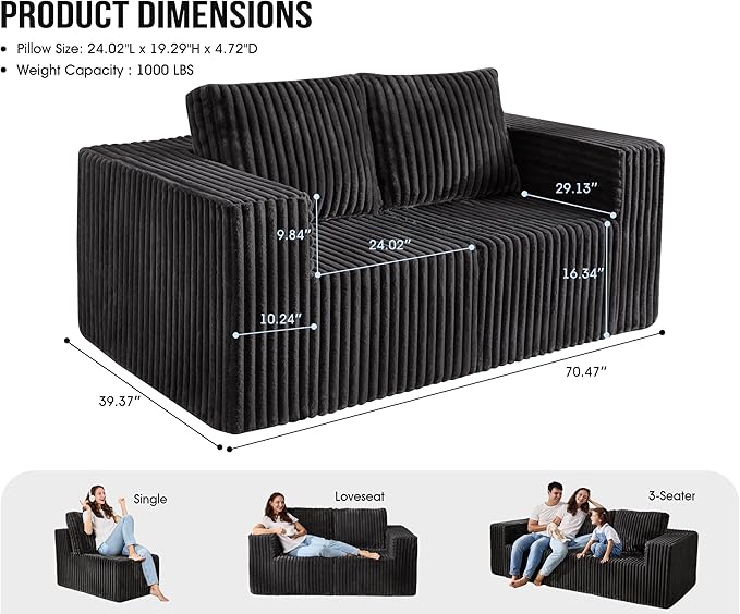 Modular Sectional Sofa 2 Seater Loveseat Modular Couch with Deep Seat Memory Foam Cloud Chair with Pillows Oversized Sectional Sofa for Living Room Bedroom (Strip Grey, Loveseat)