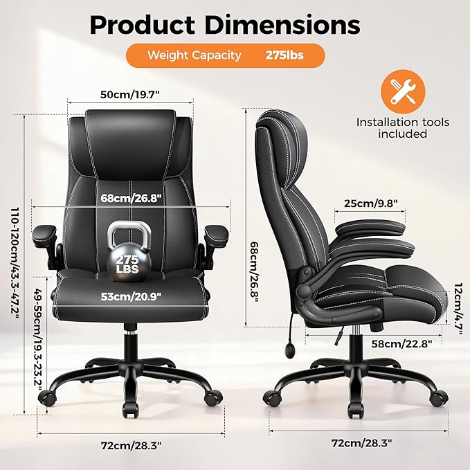 Ergonomic Office Chair, High Back Computer Desk Chair, Executive Leather Chair with Adjustable Lumbar Support & Flip Up Arms, Swivel PC Chair for Home Office Gaming