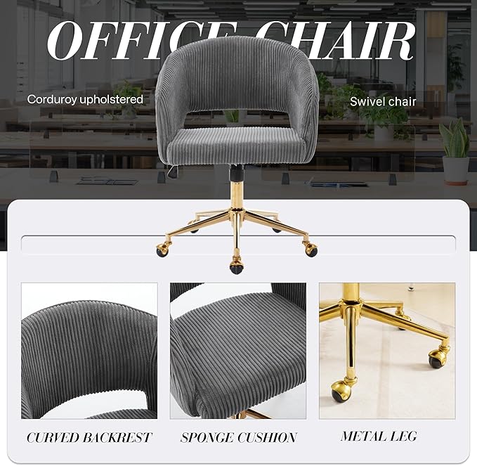 KCC Home Office Chair Swivel Desk Chair Accent Armchair Upholstered Modern Tufted Chairs with Gold Base for Girls Women Ergonomic Study Seat Computer Task Stools, with Wheels, Corduroy,Gray