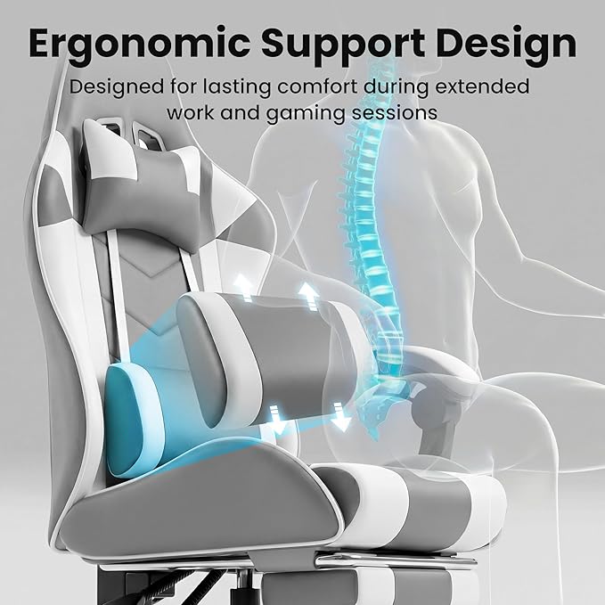 Gaming Chair, Ergonomic Computer Chair with Footrest and Lumbar Support, Height Adjustable Office Chair with 360° Swivel Seat and Headrest (White)