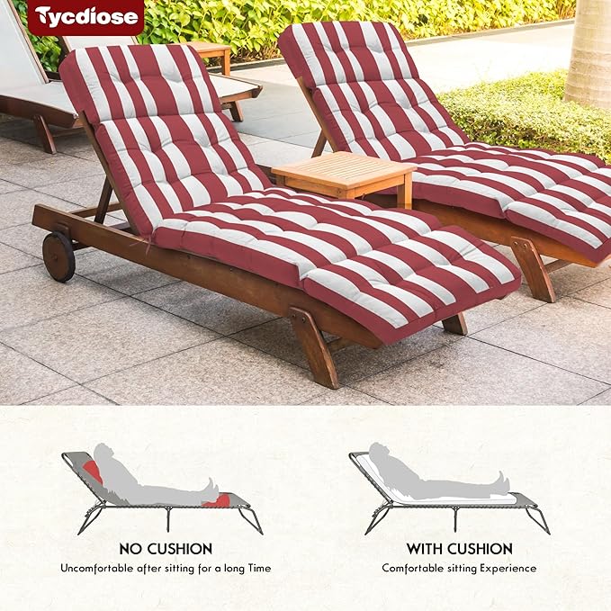 Outdoor Chaise Lounge Chair Cushion Set of 4, Waterproof 74.4 x 22 x 4.7 Inches Memory Foam Thickened Lounge Chair Cushions Replacement for Outdoor Furniture with Ties, Stripe Red&White