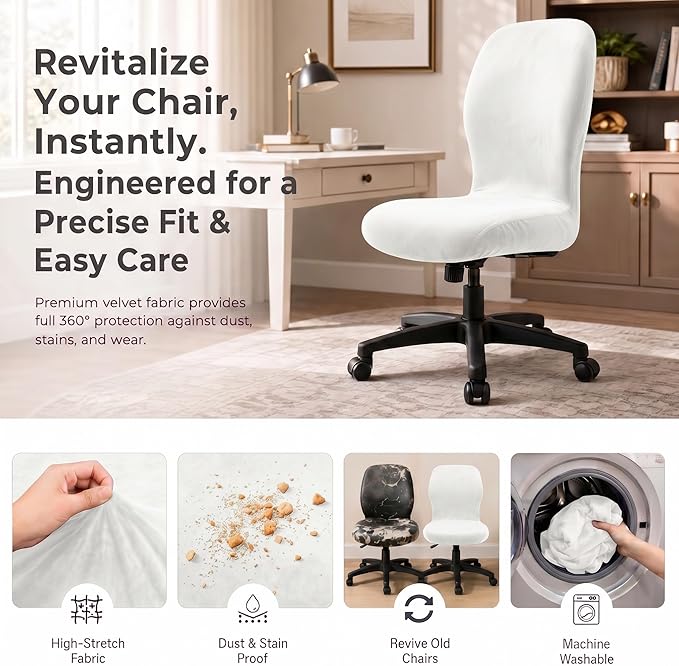 Deisy Dee Velvet Stretch Armless Office Chair Covers - Colorful Stretch Slipcover for Desk Chairs (Off White)