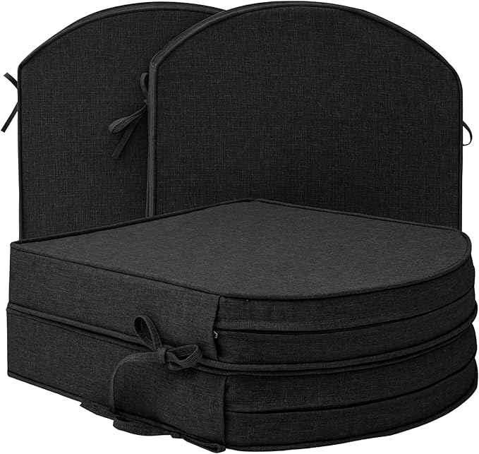 Outdoor Chair Cushions, Fade-Resistant & Water-Resistant, D Shaped Patio Furniture Seat Chair Pads Replacement with Ties, Non-Slip Bottom, Removable Cover, Set of 4, 18.5 x 16 Inch, Black