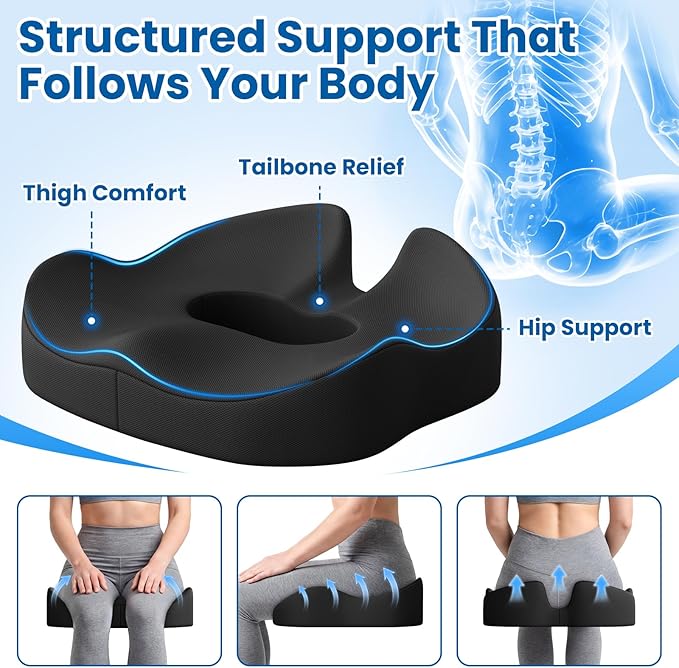 SweetSlubr Large Donut Pillow Seat Cushion for Hemorrhoid Discomfort&Tailbone Pressure, Office Chair Cushion for Long Sitting, Ergonomic Coccyx Pillow for Postpartum Pregnancy, (Black, X-Large)
